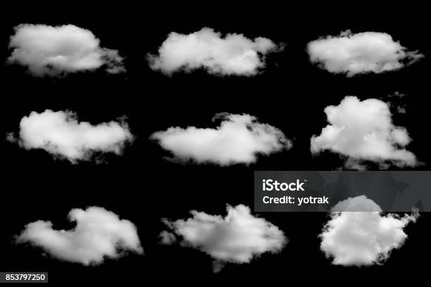 Set Of Isolated Clouds On Black Stock Photo - Download Image Now - White Background, Cloud - Sky, 2015