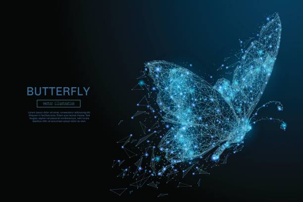 Butterfly low poly blue Butterfly composed of polygon. Low poly vector illustration of a starry sky or Comos. The digital flyer consists of lines, dots and shapes. Wireframe technology light connection structure. butterfly wing patterns stock illustrations