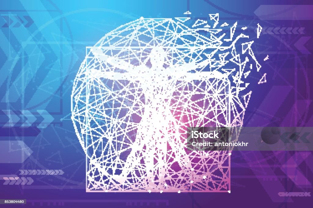 classic proportion man low poly colorful Classic proportion man in the form of a starry sky or space, consisting of point, line, and shape in the form of planets, stars and the universe. Vector wireframe concept. Blue purple Renaissance stock vector