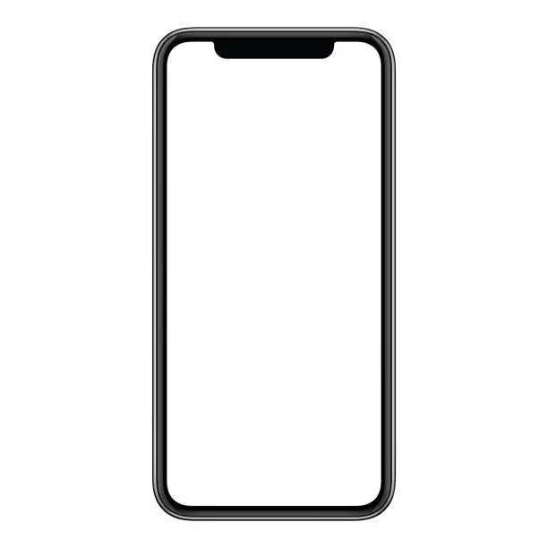 Smartphone mockup. New modern black frameless smartphone mockup with blank white screen. Isolated on white background. Based on high-quality studio shot. Smartphone frameless design concept.