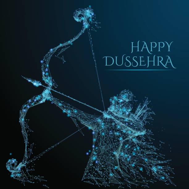 dussehra low poly blue Vector illustration of Lord Rama with arrow killing Ravana in Dussehra Navratri festival. Polygonal in the form of a starry sky or space, consisting of point, line with destruct shapes thailand king stock illustrations