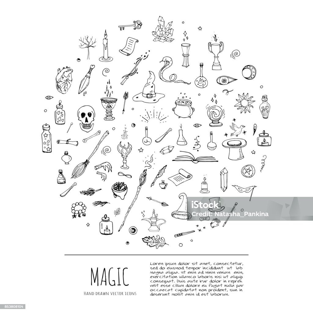 Magic icons set Hand drawn doodle Magic set Vector illustration wizardy, witchcraft symbols Isolated icons collections Cartoon sorcery concept elements Magic wand Love potion Fairy book Fairy tale Snake Crystal ball Witch stock vector