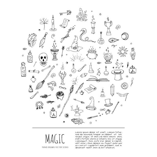 Magic icons set Hand drawn doodle Magic set Vector illustration wizardy, witchcraft symbols Isolated icons collections Cartoon sorcery concept elements Magic wand Love potion Fairy book Fairy tale Snake Crystal ball magical equipment stock illustrations