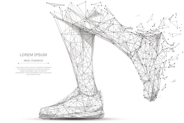 feet in sneakers running low poly black Abstract mash line and point feet in sneakers running on white background with an inscription. Starry sky or space, consisting of stars and the universe. Vector sport wear illustration shoe-lace-pattern stock illustrations