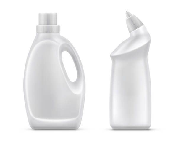 Household chemistry bottles isolated vector Household chemicals blank plastic bottles with handle and bent tip realistic vector isolated on white background. Liquid detergent or soap,  stain remover, laundry bleach, bathroom or toilet cleaner laundry detergent stock illustrations