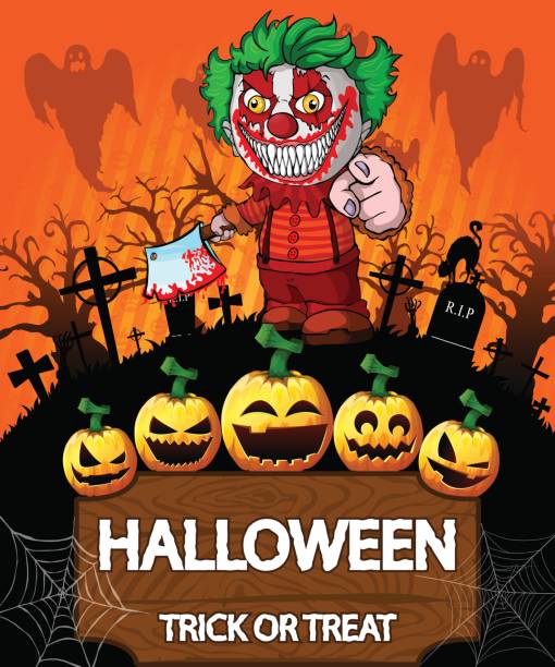 Poster of Halloween with clown holding a knif. Vector illustration. Poster of Halloween with clown holding a knif. Vector illustration. File in layers and editable. knif stock illustrations