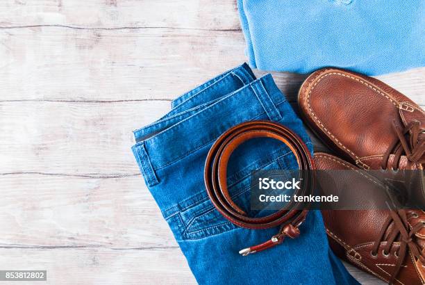 Mans Clothes Lifestyle Shoes Flat Lay Stock Photo - Download Image Now - Adult, Advertisement, Arts Culture and Entertainment