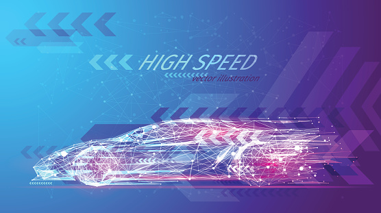 High speed concept. Sport car in the form of a starry sky or space, consisting of points, lines, and shapes in the form of planets, stars and the universe. Fast vector wireframe concept. Blue purple