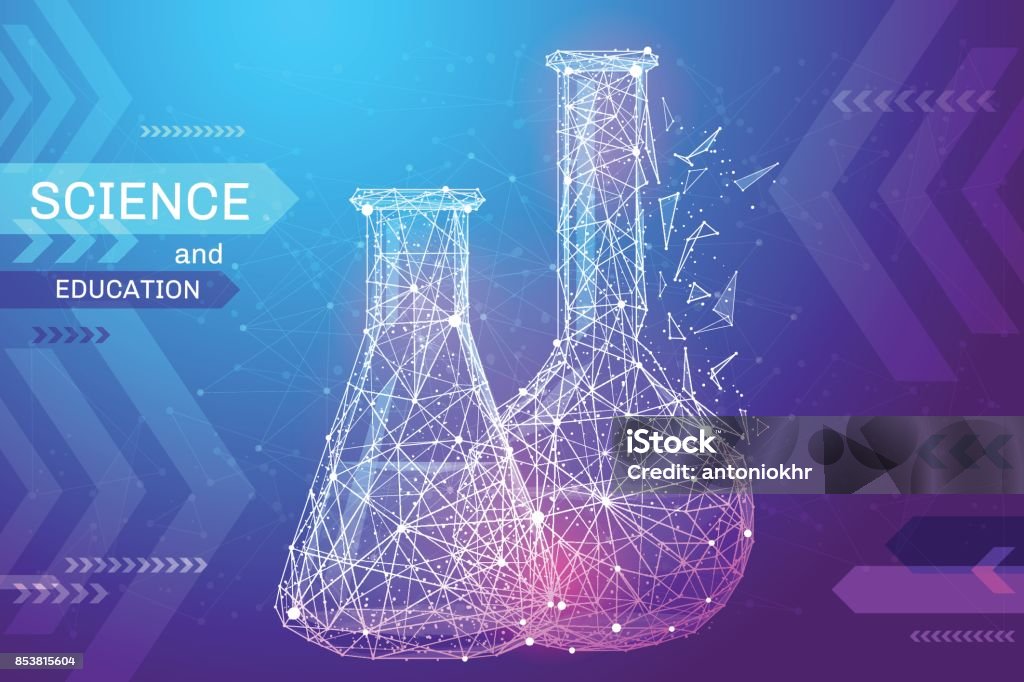test tubes low poly color test tubes in the form of a starry sky or space, consisting of points, lines, and shapes in the form of planets, stars and the universe. Science and education vector wireframe concept. Blue purple Laboratory stock vector