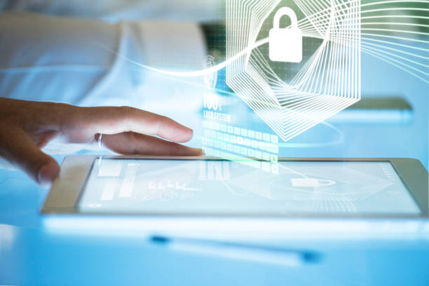 istock Privacy protection icon and digital tablet on cyber space table 853828076