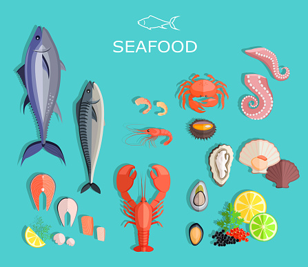Seafood Set Design Flat Fish and Crab