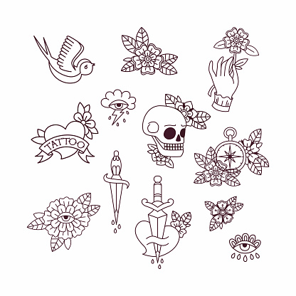 Old School Tattoo Elements Stock Illustration - Download Image Now ...