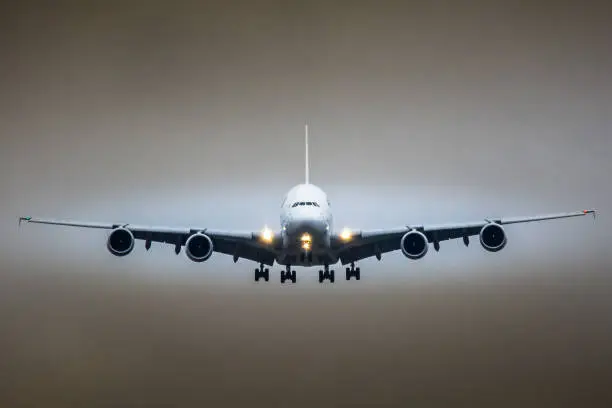 An Airbus A380 landing in Paris CDG Airport