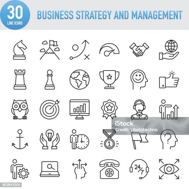 Ilustración de Estrategia De Negocios Universal Moderno Y Manejo Conjunto De Iconos De Línea y más Vectores Libres de Derechos de Ícono