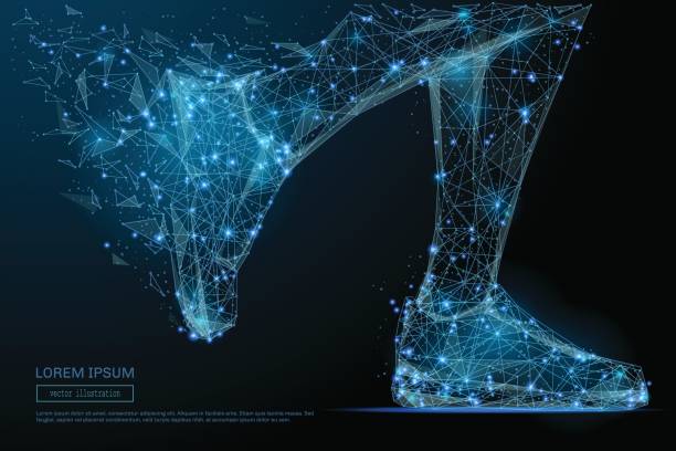 feet in sneakers running low poly blue Abstract image of feet in sneakers running low poly in the form of a starry sky or space, consisting of points, lines, and shapes in the form of planets, stars and the universe. Vector sport concept. tinea stock illustrations