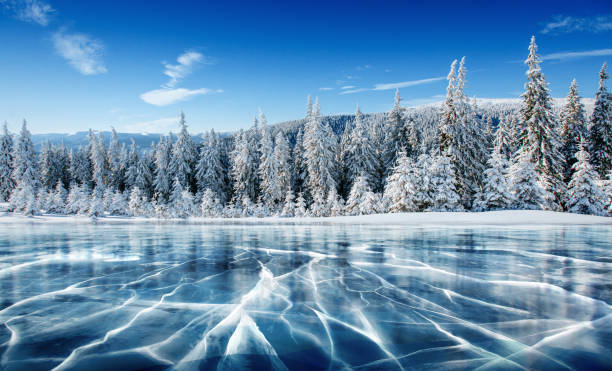 Photo of Blue ice and cracks on the surface of the ice. Frozen lake under a blue sky in the winter. The hills of pines. Winter. Carpathian, Ukraine, Europe.