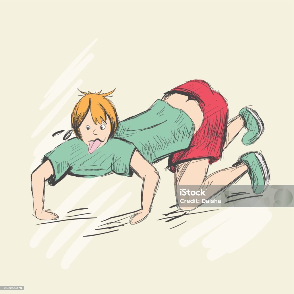 The sweaty man crawls on all fours with his tongue hanging out. The sweaty man crawls on all fours with his tongue hanging out. The tired boy descends on all fours down the slope. A teenager is wearing a T-shirt and shorts, blonde hair. Sketch style Hiking stock vector