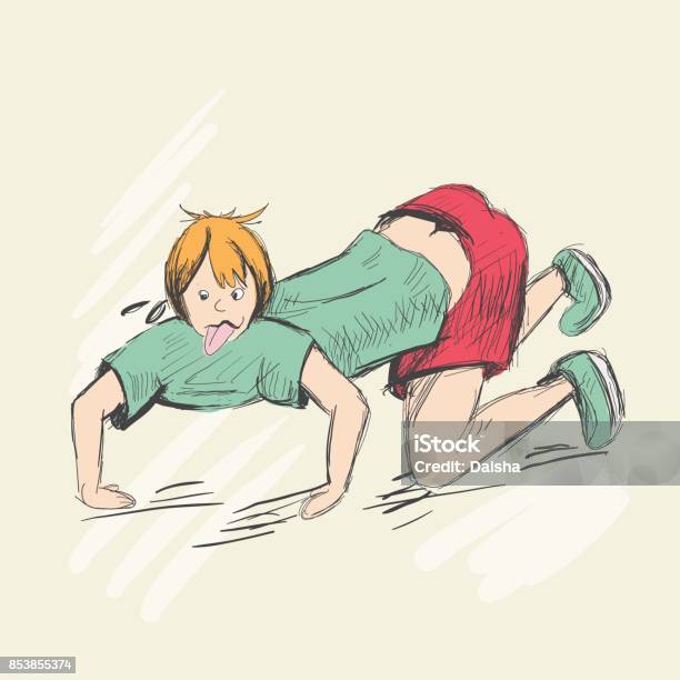 The Sweaty Man Crawls On All Fours With His Tongue Hanging Out Stock Illustration - Download Image Now