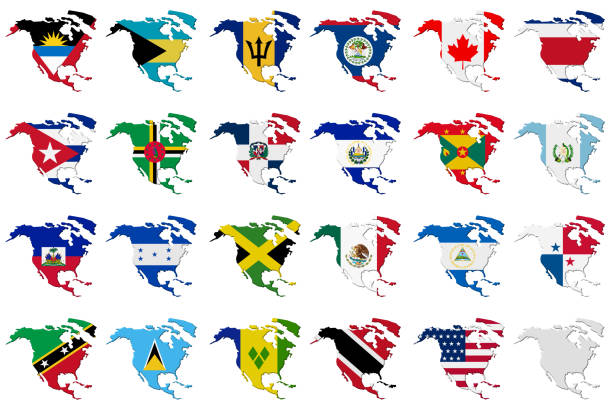 American set: Volume 3d Flags of the North America countries on continent outlines background.