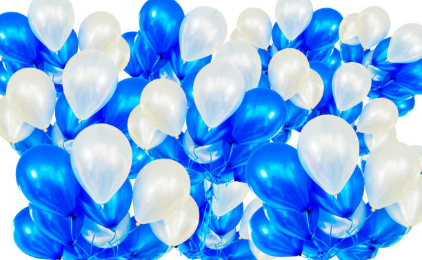 istock Balloons background on white, blue and white helium balloons 853859514
