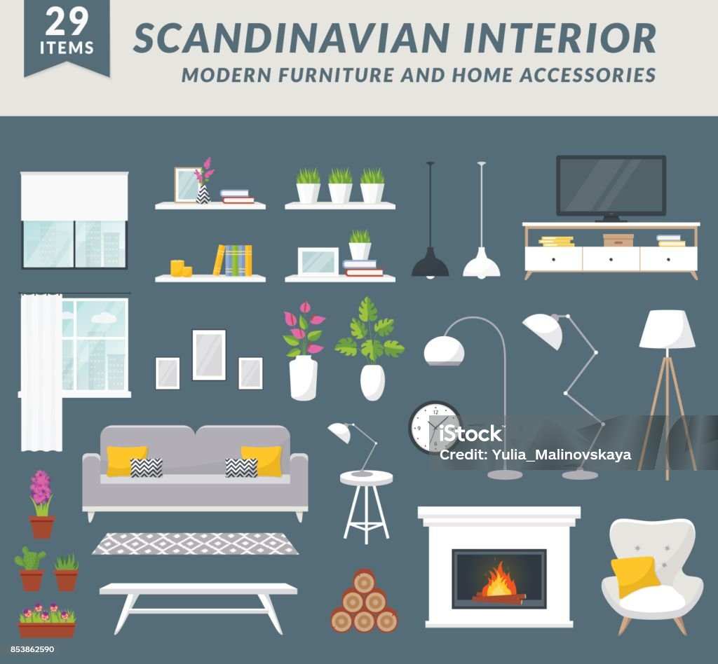 Furniture and home accessories for living room. Modern furniture items and home accessories for living room design. Create your interior in trendy scandinavian style. Vector set. Furniture stock vector