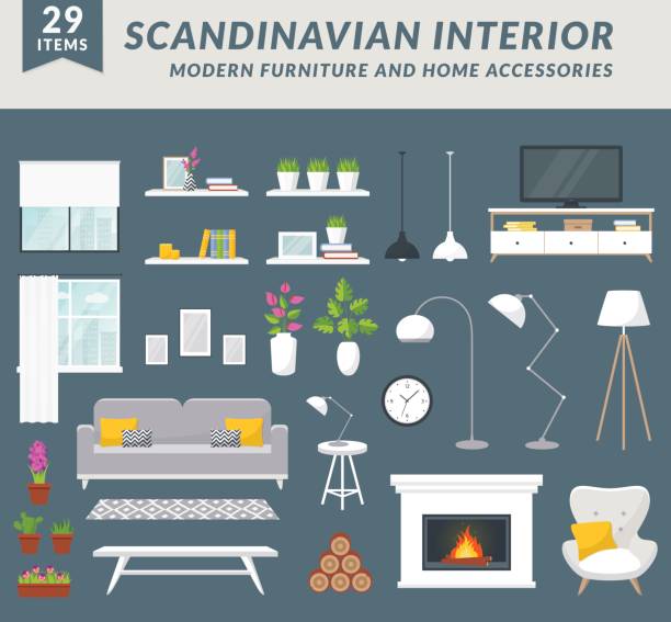 Furniture and home accessories for living room. Modern furniture items and home accessories for living room design. Create your interior in trendy scandinavian style. Vector set. electric lamp illustrations stock illustrations