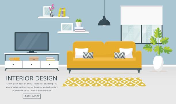 Interior of the living room. Vector banner. Interior of the living room. Vector banner with place for text. Design of a cozy room with sofa, TV stand, window and decor accessories. Blinds stock illustrations