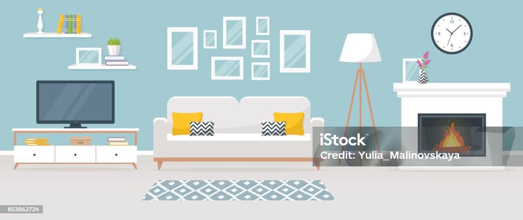 Interior of the living room. Vector banner. Modern interior of the living room. Vector banner. Design of a cozy room with sofa, TV stand, fireplace and decor accessories. Living Room stock vector