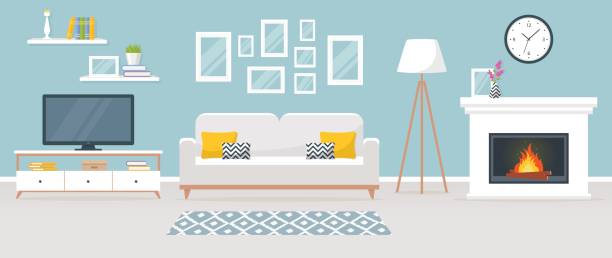 Interior of the living room. Vector banner. Modern interior of the living room. Vector banner. Design of a cozy room with sofa, TV stand, fireplace and decor accessories. electric lamp illustrations stock illustrations