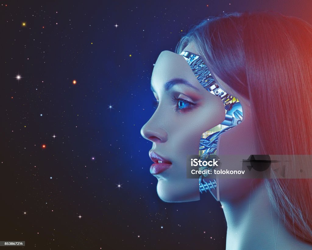 Cyber look. Science and technology backgrounds Cyber look. Science and technology backgrounds with futuristic female portrait Cyborg Stock Photo