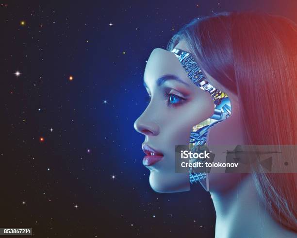 Cyber Look Science And Technology Backgrounds Stock Photo - Download Image Now - Cyborg, Robot, Human Face
