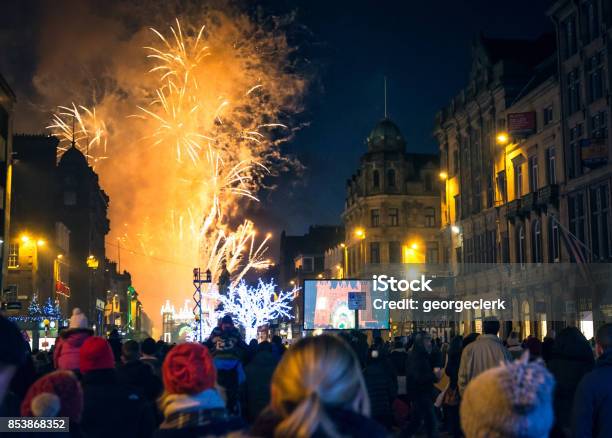 Winter Fireworks On George Street In Edinburgh Stock Photo - Download Image Now - Edinburgh - Scotland, Firework Display, Capital Cities