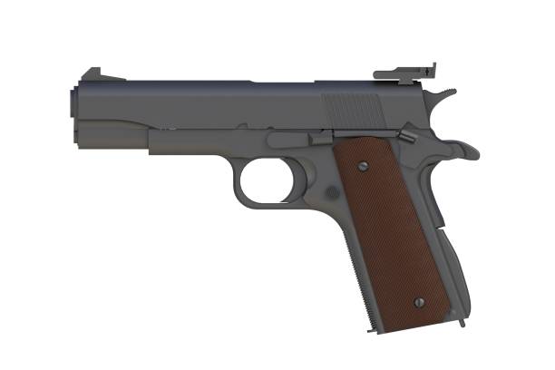 istock Beside view of matte iron M1911 semi-automatic .45 caliber pistol isolated on white background, 3D rendering 853877892