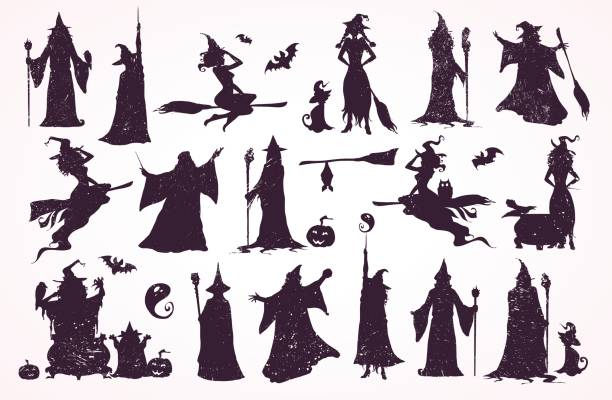 ilustraciones, imágenes clip art, dibujos animados e iconos de stock de la bruja crator, brujas y asistente para la colección. feliz halloween, patrones, decoraciones. - wizard magic broom stick