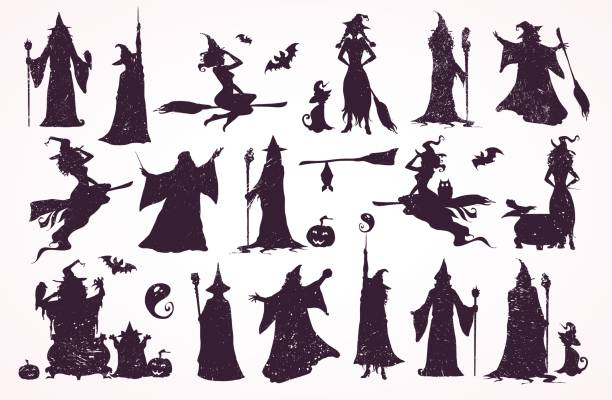 illustrazioni stock, clip art, cartoni animati e icone di tendenza di witch crator, streghe e collezione di maghi. buone carte di halloween, motivi, decorazioni. - wizard magic broom stick