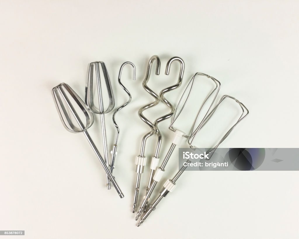 Agitator of electric mixer on white background - top view Blender Stock Photo