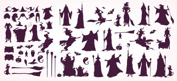 ilustraciones, imágenes clip art, dibujos animados e iconos de stock de la bruja crator, brujas y asistente para la colección. feliz halloween, patrones, decoraciones. - wizard magic broom stick