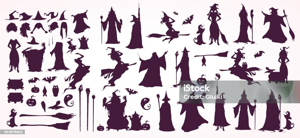 Crator sorcière, sorcières et la collection de l’Assistant. Happy Halloween cartes, schémas, décorations. - clipart vectoriel de Sorcier libre de droits