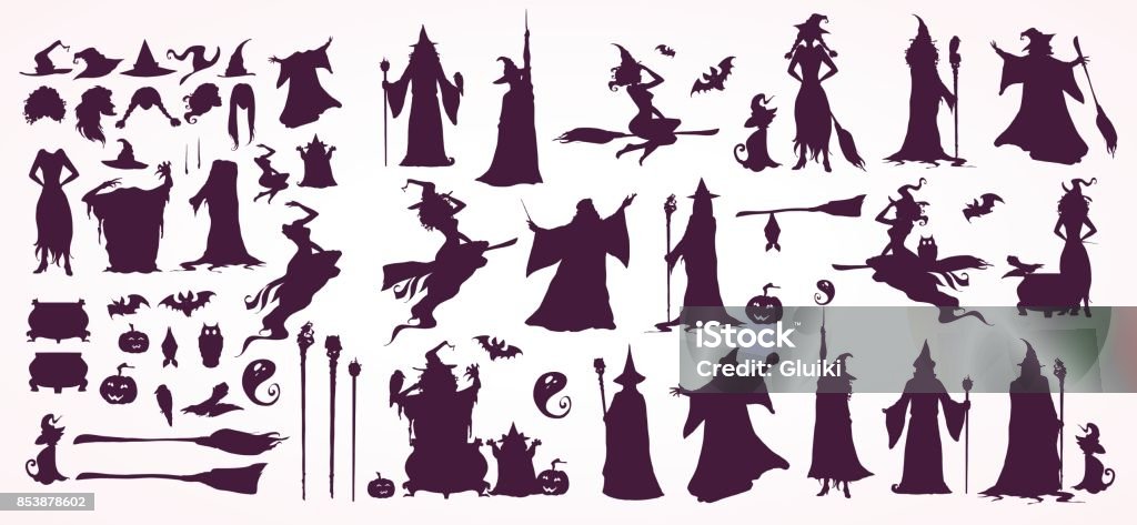 Witch crator, witches and wizard collection. Happy Halloween cards, patterns, decorations. Wizard stock vector