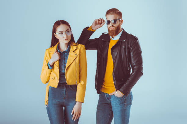 fashionable couple in leather jackets