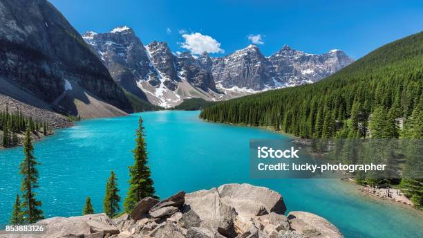 Beautiful Turquoise Waters Of The Moraine Lake Stock Photo - Download Image Now - Canada, Banff National Park, Banff