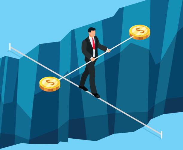 Isometric business concept of financial risks. Isometric business concept of financial risks. 3d businessman walking through the abyss on the rope. Vector illustration. tightrope stock illustrations