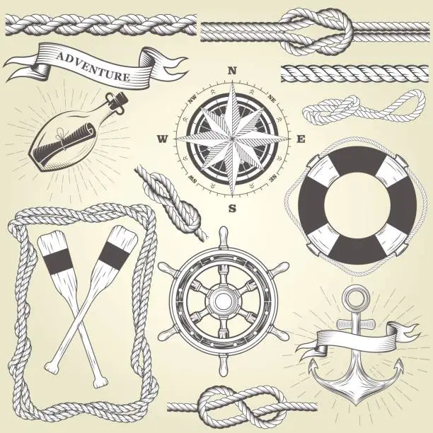 Vector illustration of Vintage seafaring elements - steering wheel, oars, rope frame and knots