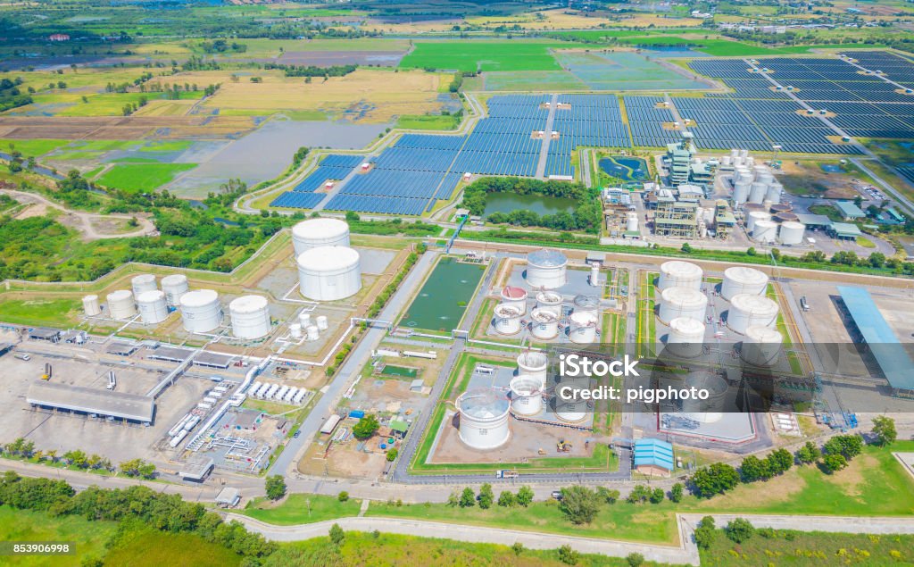 Aerial view Oil depot Solar Panel Stock Photo