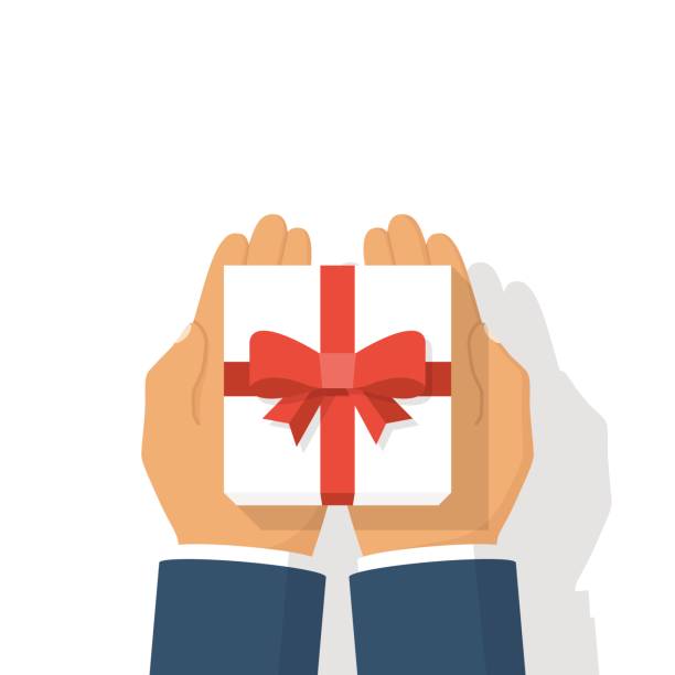 Gift white box in hand. Gift white box with red ribbon and bow in hands of men. Holding in palms gift-box. Vector illustration flat design. Giving, receiving surprise. Isolated on white background. gift illustrations stock illustrations