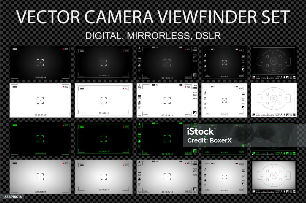 Modern camera focusing screen with settings 20 in 1 pack - digital, mirorless, DSLR. White, black and green viewfinders camera recording. Vector illustration Digital Viewfinder stock vector