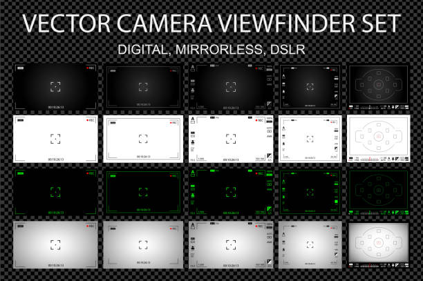 Modern camera focusing screen with settings 20 in 1 pack - digital, mirorless, DSLR. White, black and green viewfinders camera recording. Vector illustration Modern camera focusing screen with settings 20 in 1 pack - digital, mirorless, DSLR. White, black and green viewfinders camera recording. Vector illustration digital camera stock illustrations