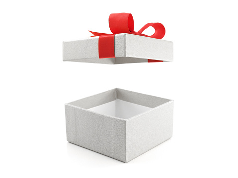 close up open and empty white gift box with red ribbon bow