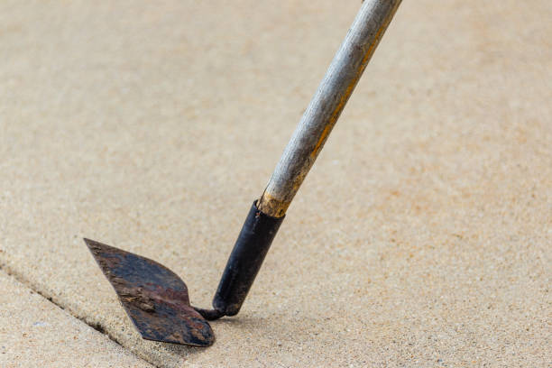 old hoe resting on the sidewalk next to the garden