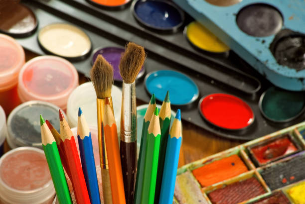 istock image of paints and colored pencils close-up 853920138